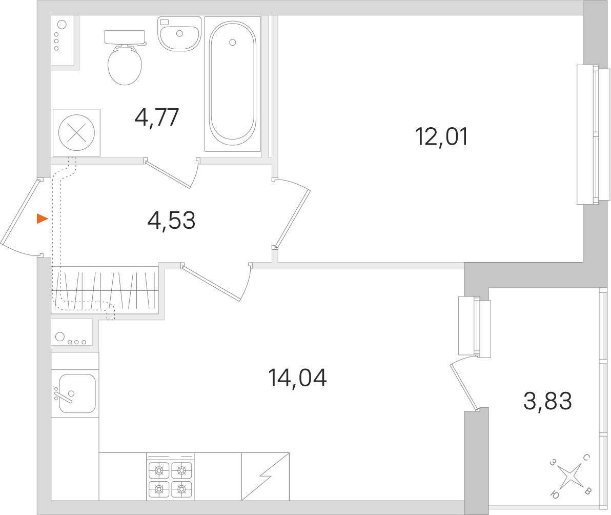 Планировка: 1-комнатная квартира, 35,4 м²