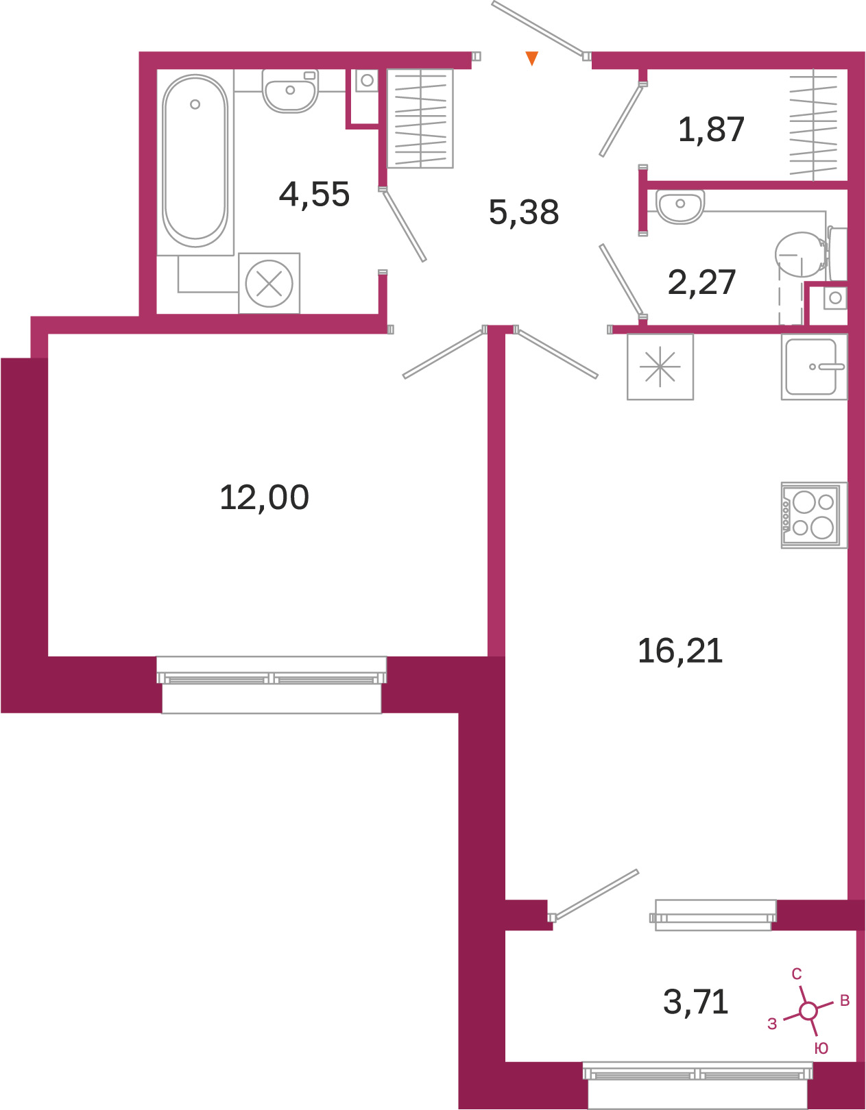 Планировка: 1-комнатная квартира, 42,3 м²