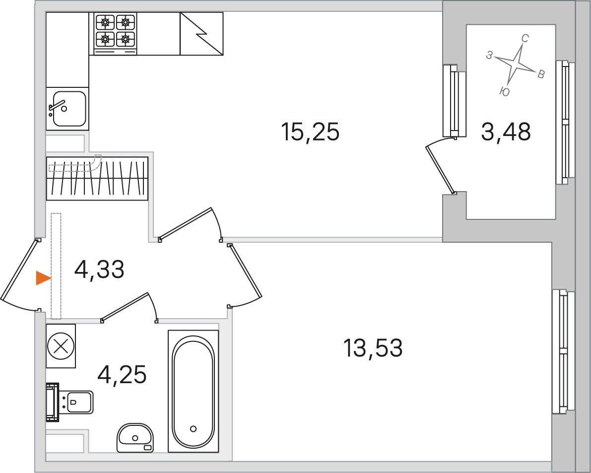 Планировка: 1-комнатная квартира, 37,4 м²