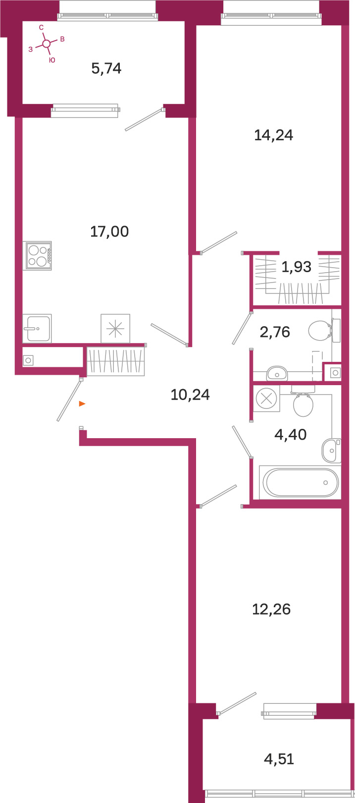 Планировка: 2-комнатная квартира, 62,8 м²