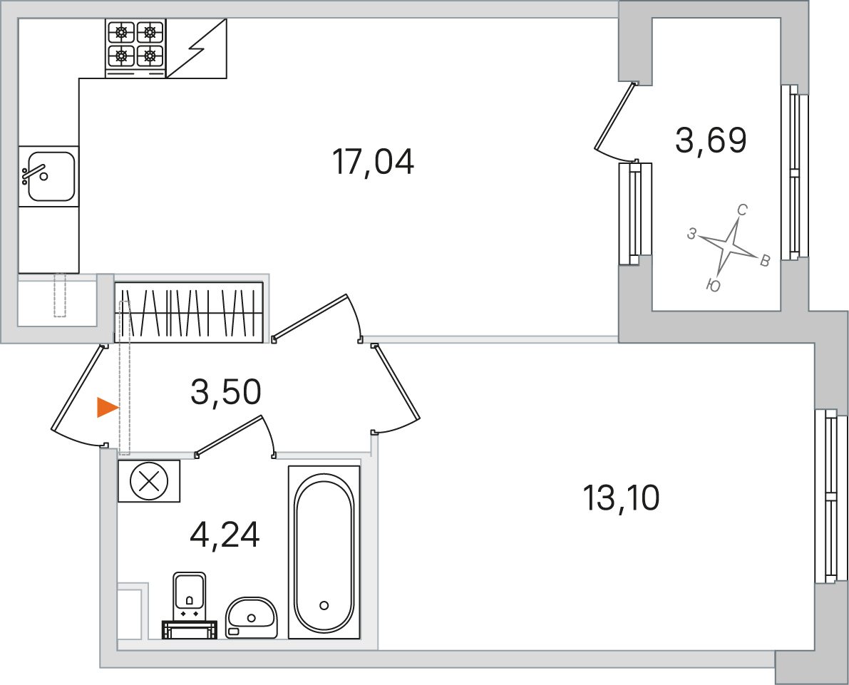 Планировка: 1-комнатная квартира, 37,9 м²