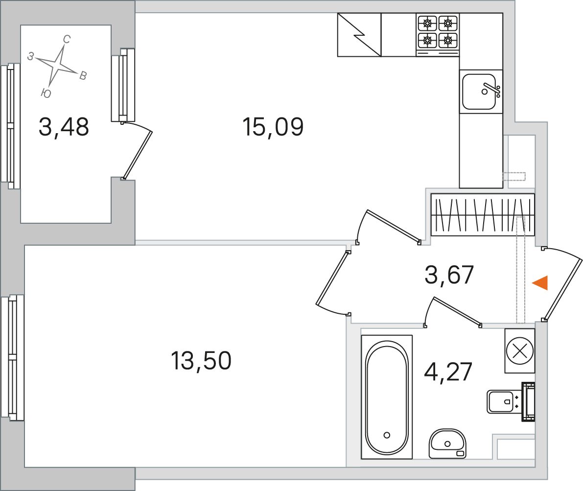 Планировка: 1-комнатная квартира, 36,5 м²