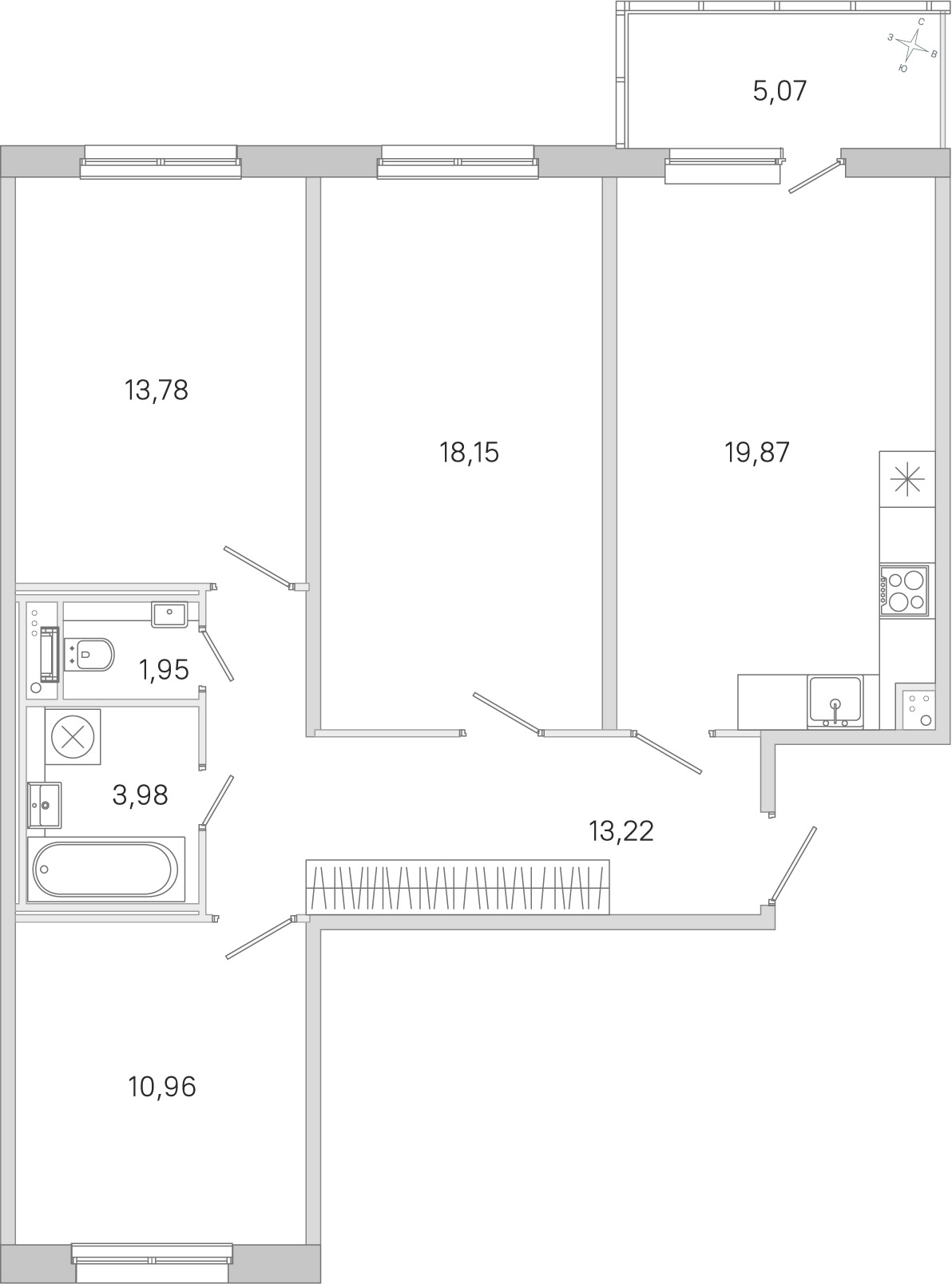 Планировка: 3-комнатная квартира, 81,9 м²