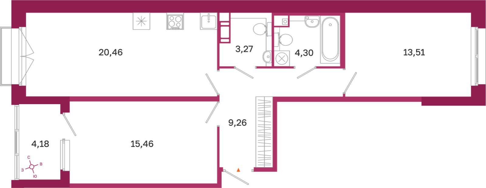 Планировка: 2-комнатная квартира, 66,3 м²