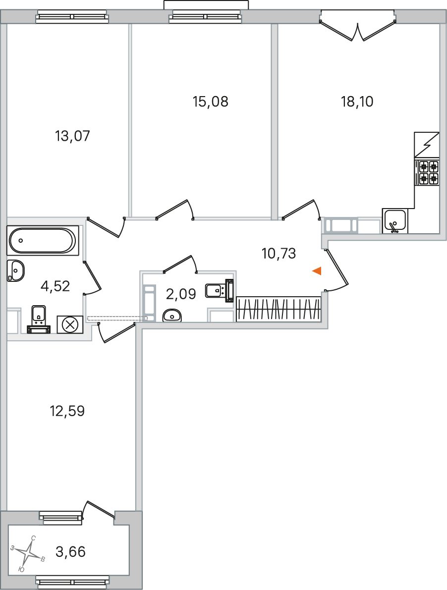Планировка: 3-комнатная квартира, 76,2 м²