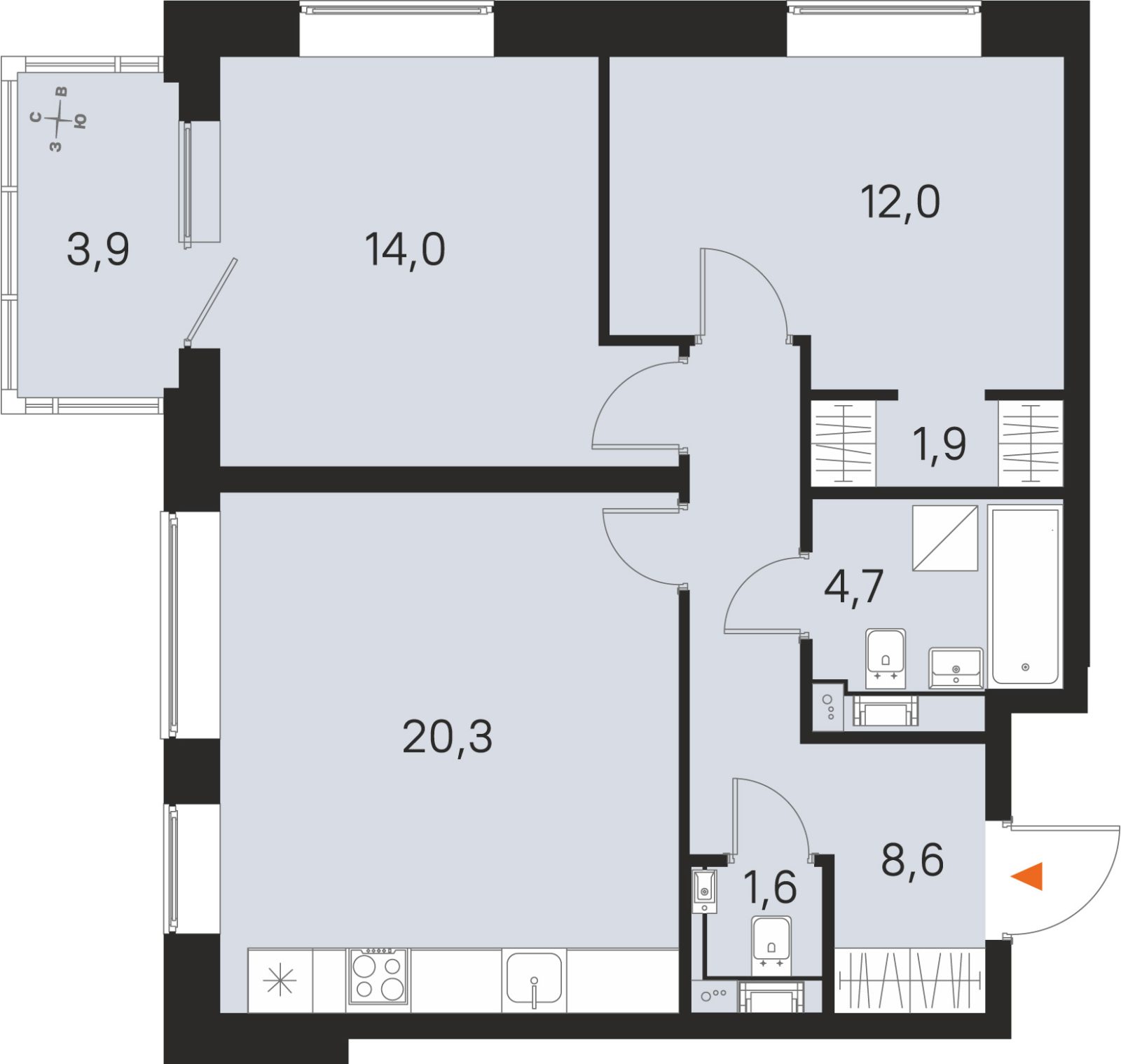 Планировка: 2-комнатная квартира, 63,1 м²
