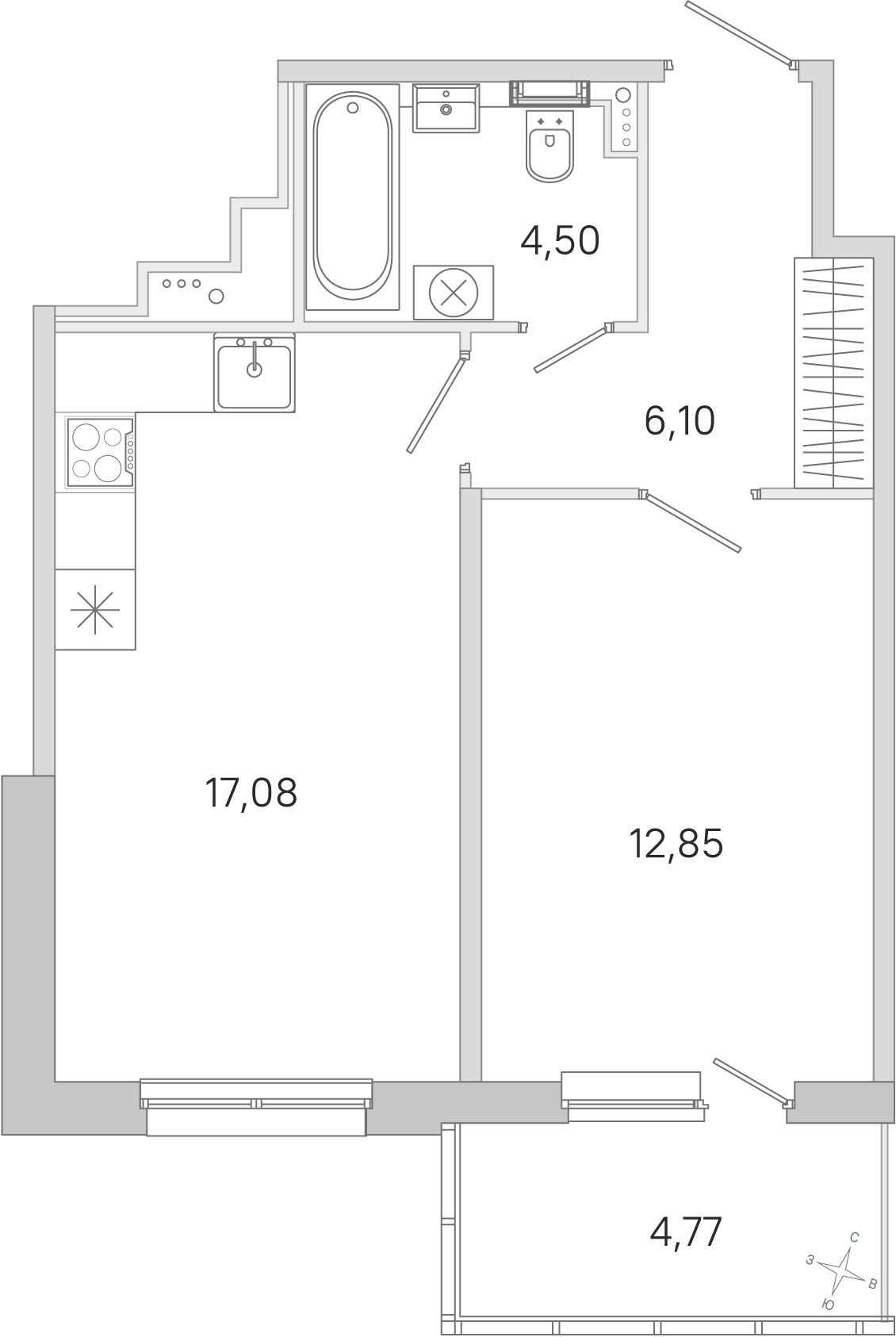 Планировка: 1-комнатная квартира, 40,5 м²
