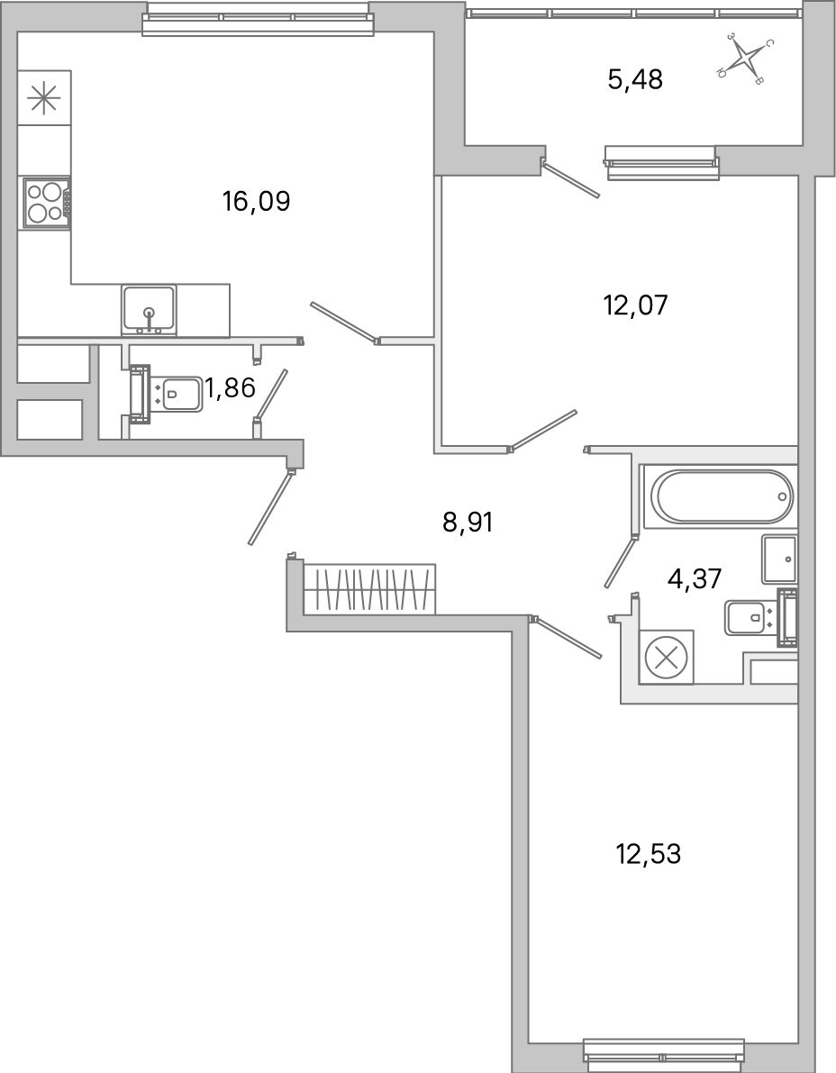 Планировка: 2-комнатная квартира, 55,8 м²