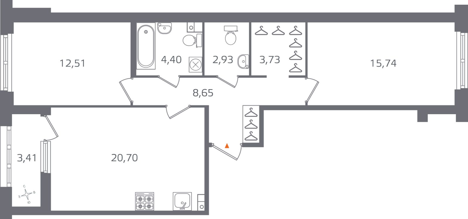 Планировка: 2-комнатная квартира, 68,7 м²
