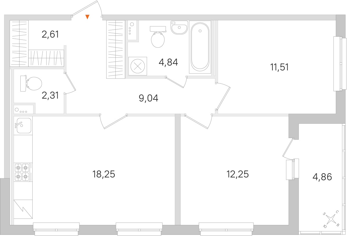 Планировка: 2-комнатная квартира, 60,8 м²