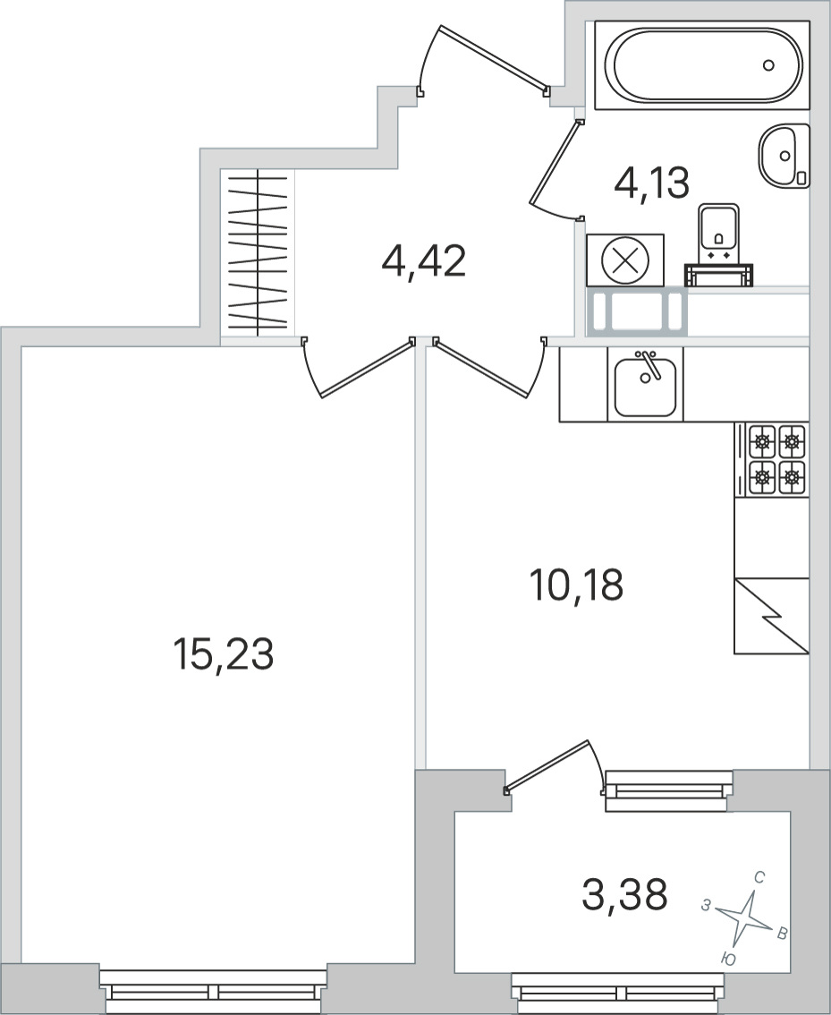 Планировка: 1-комнатная квартира, 34,0 м²