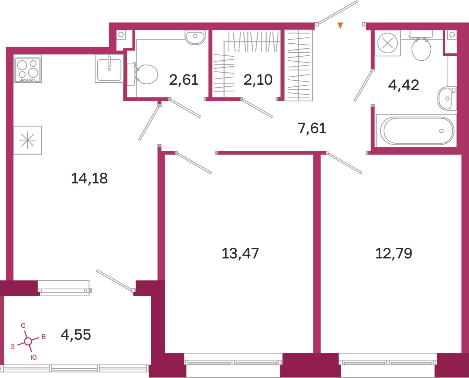 Планировка: 2-комнатная квартира, 57,2 м²