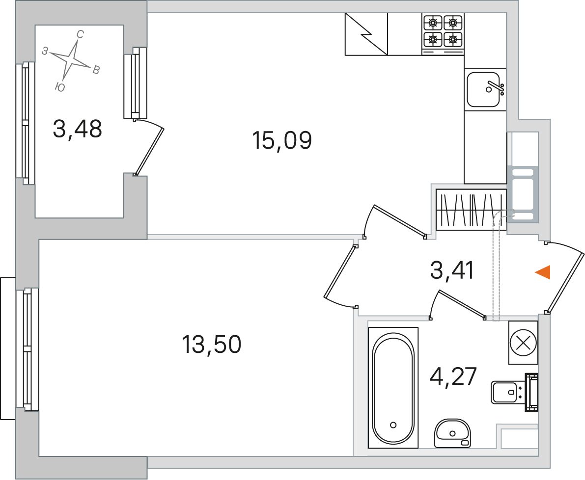 Планировка: 1-комнатная квартира, 36,3 м²