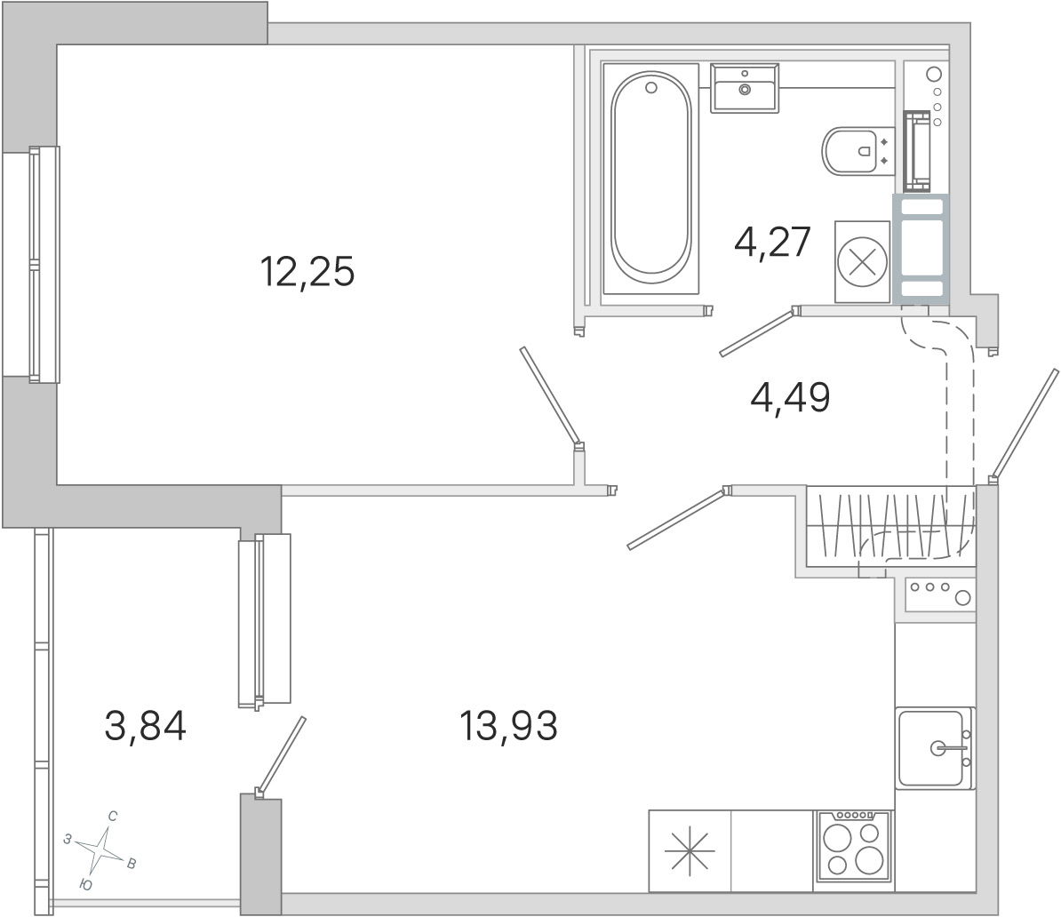 Планировка: 1-комнатная квартира, 34,9 м²