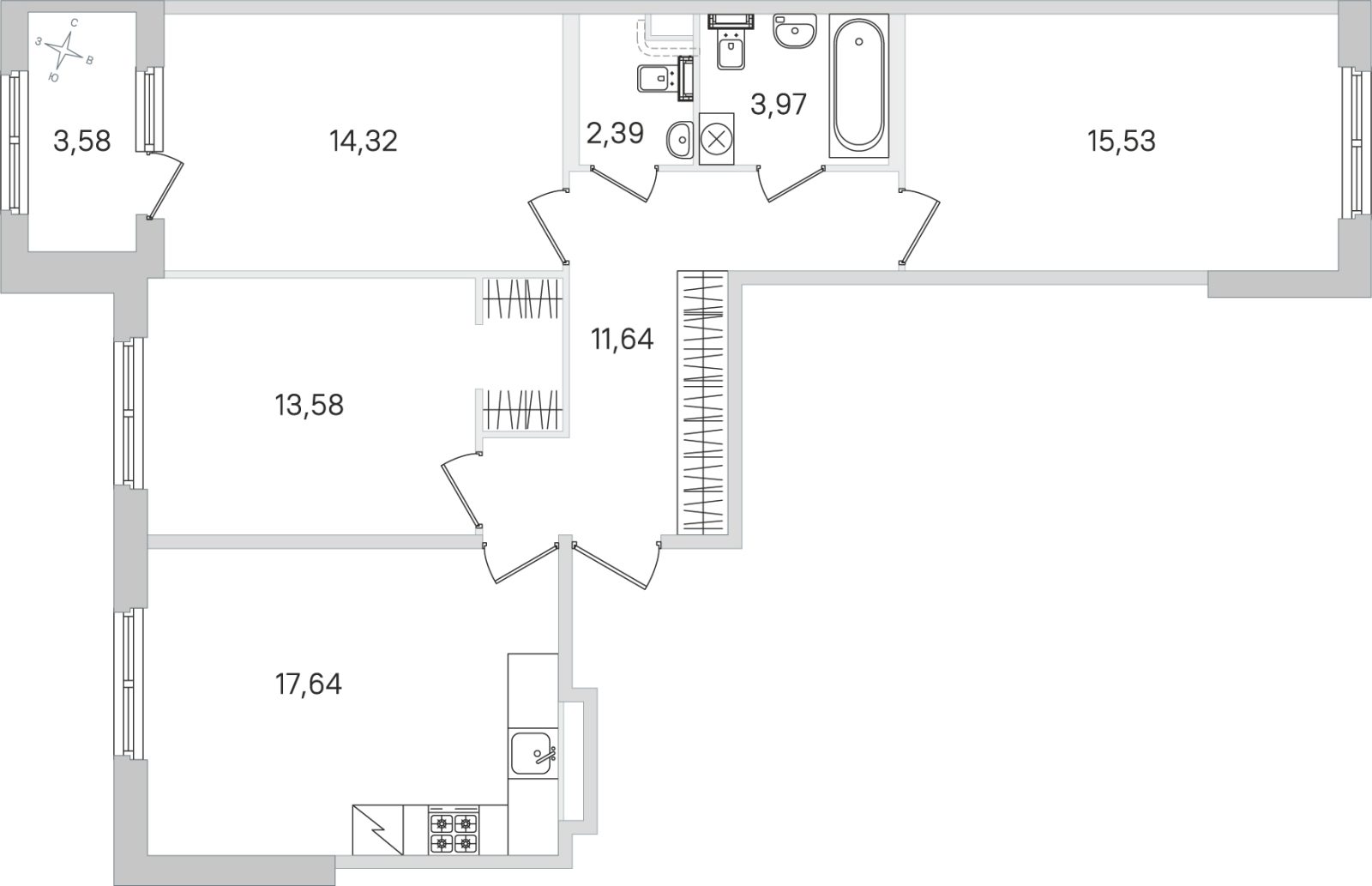 Планировка: 3-комнатная квартира, 79,1 м²