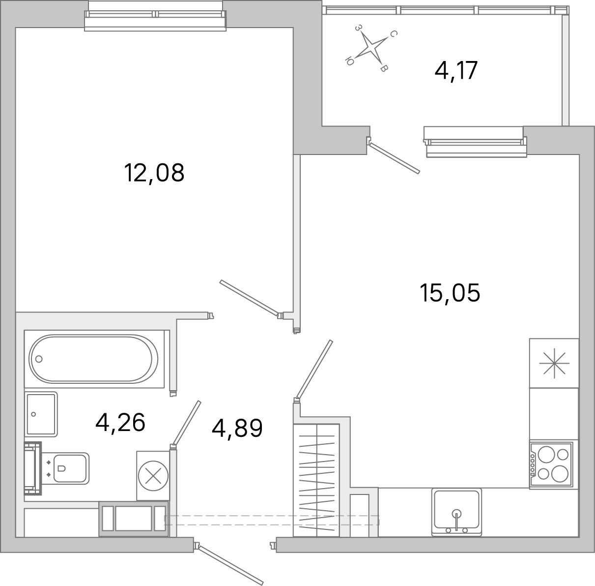 Планировка: 1-комнатная квартира, 36,3 м²