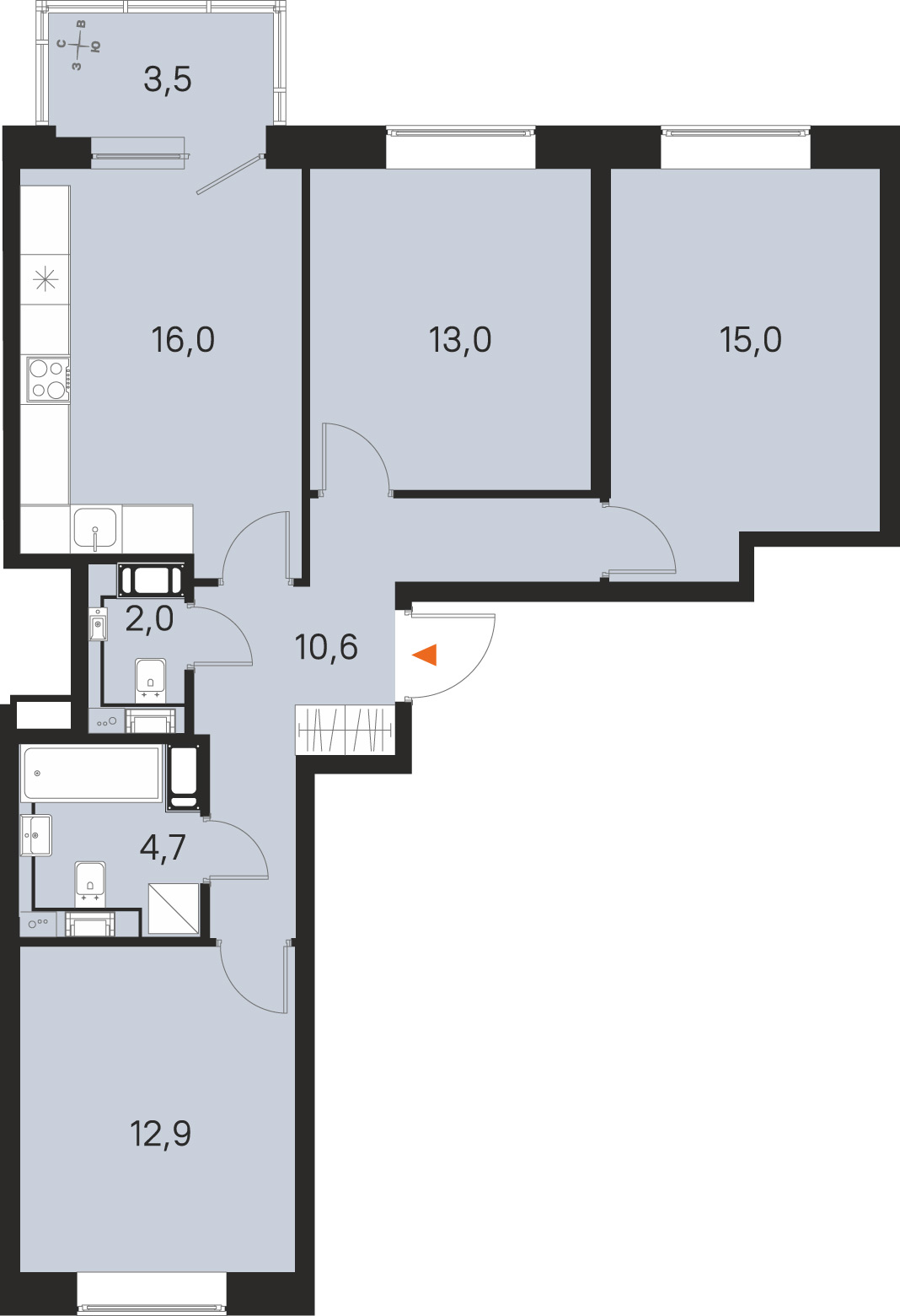 Планировка: 3-комнатная квартира, 74,2 м²
