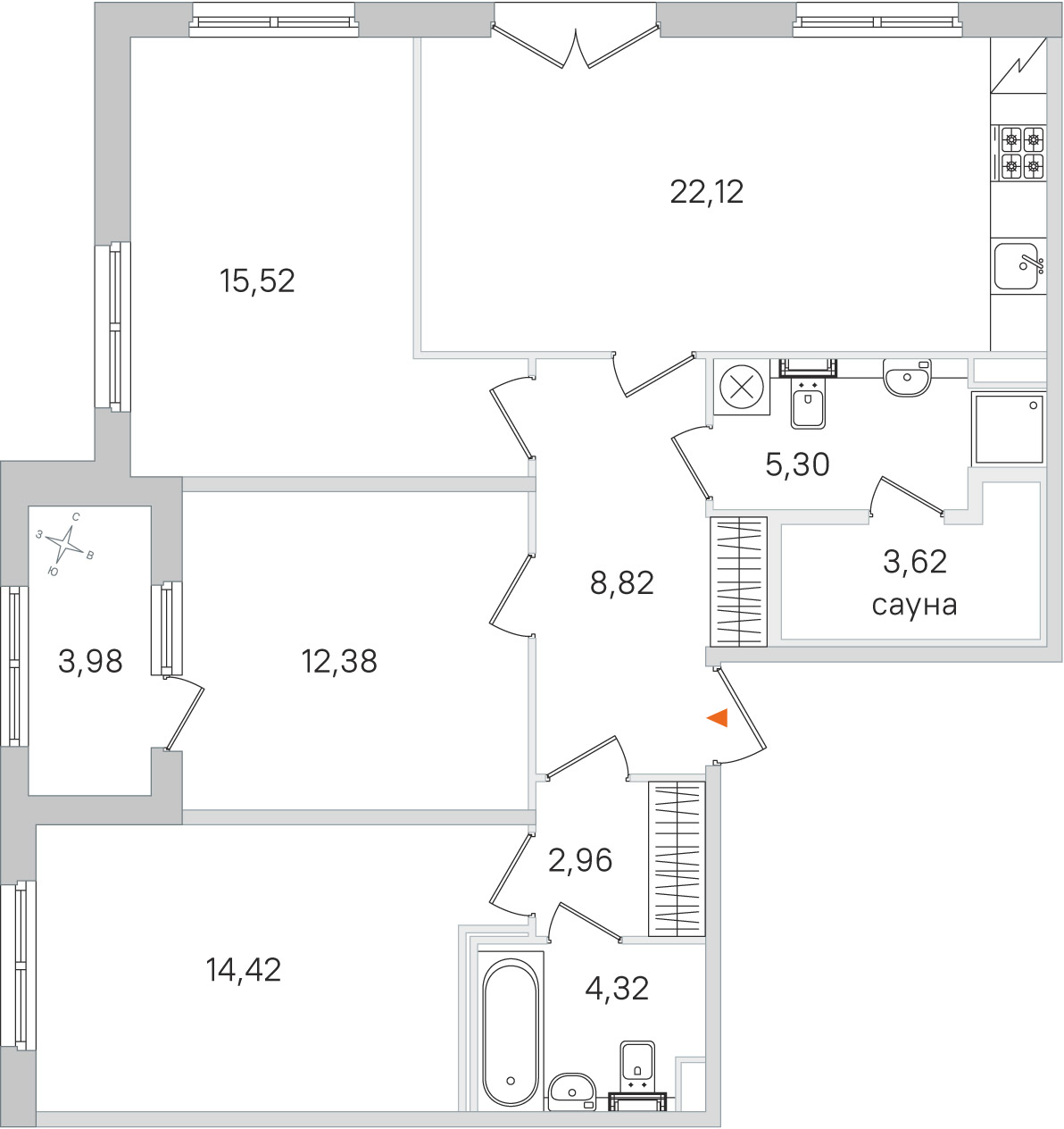 Планировка: 3-комнатная квартира, 89,5 м²