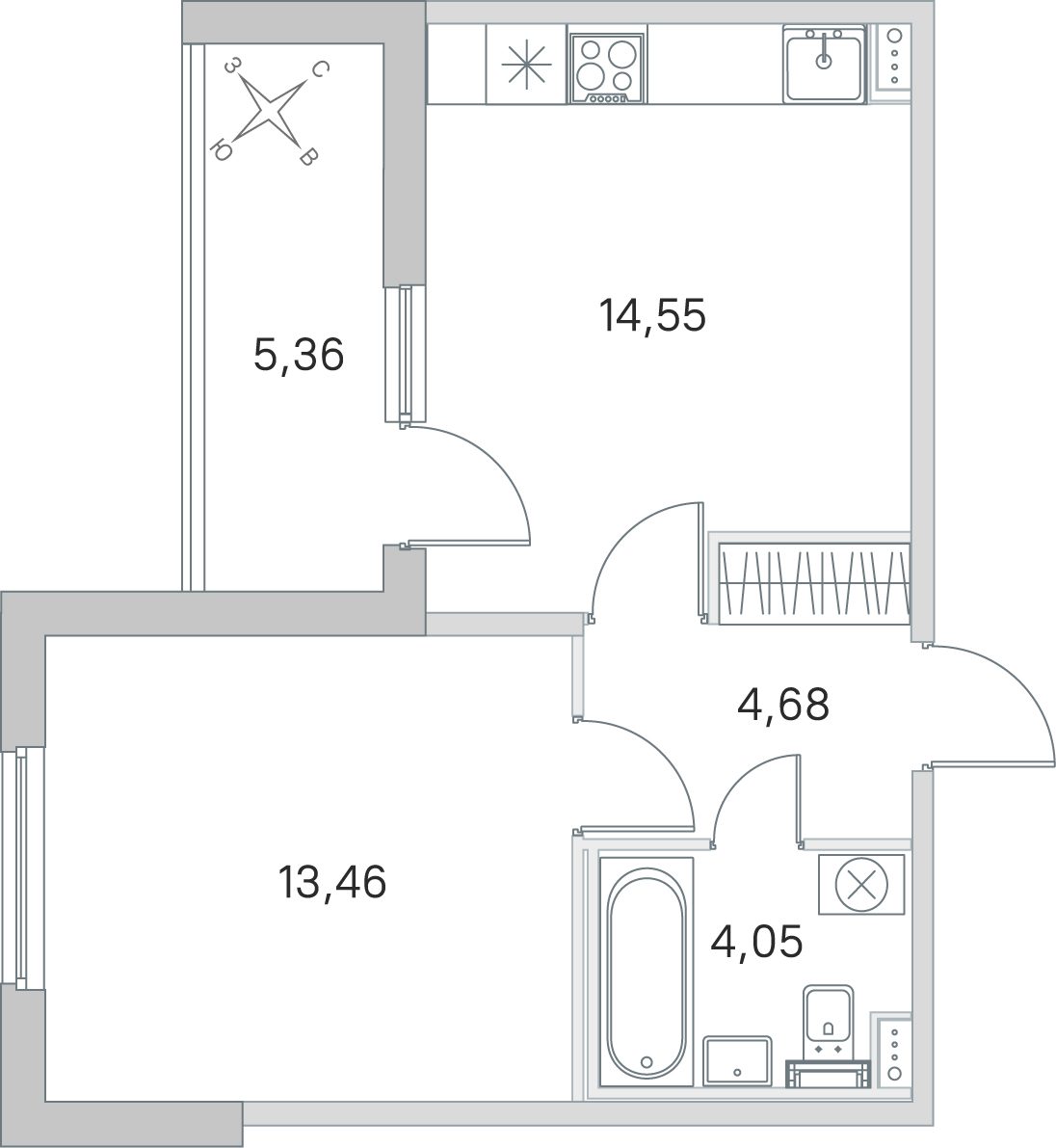 Планировка: 1-комнатная квартира, 36,7 м²