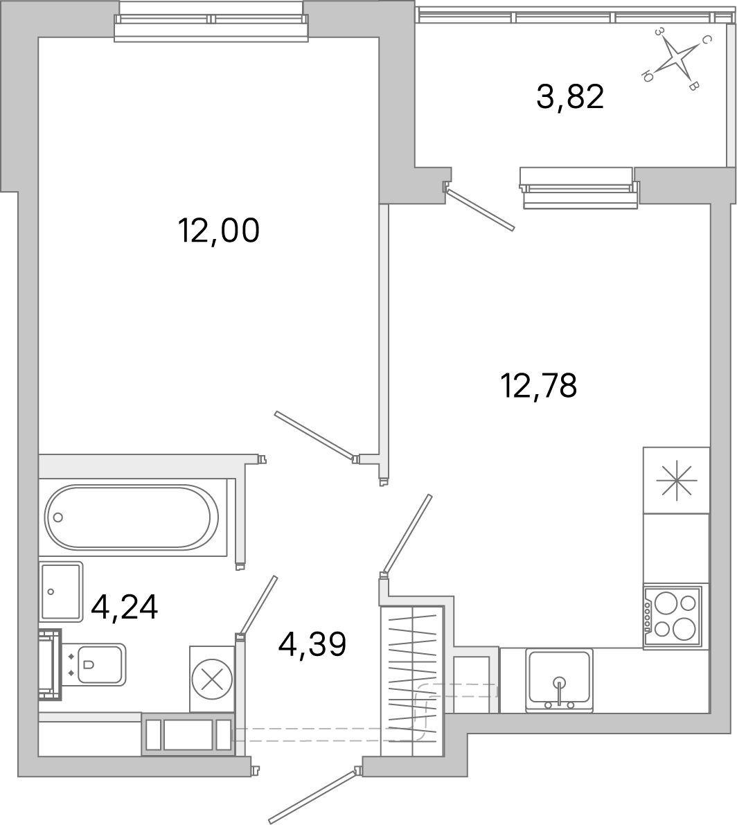 Планировка: 1-комнатная квартира, 33,7 м²