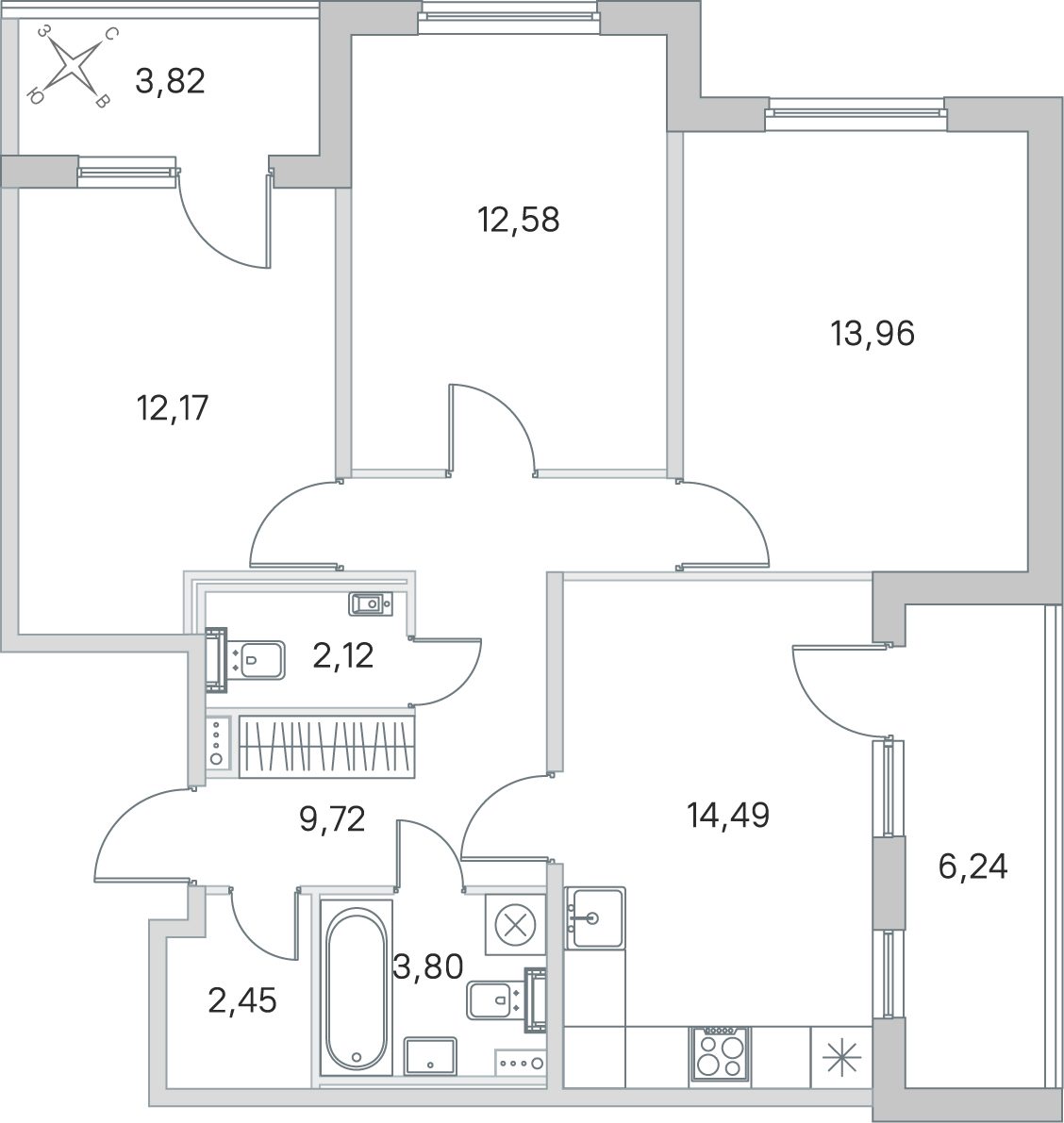 Планировка: 3-комнатная квартира, 71,3 м²