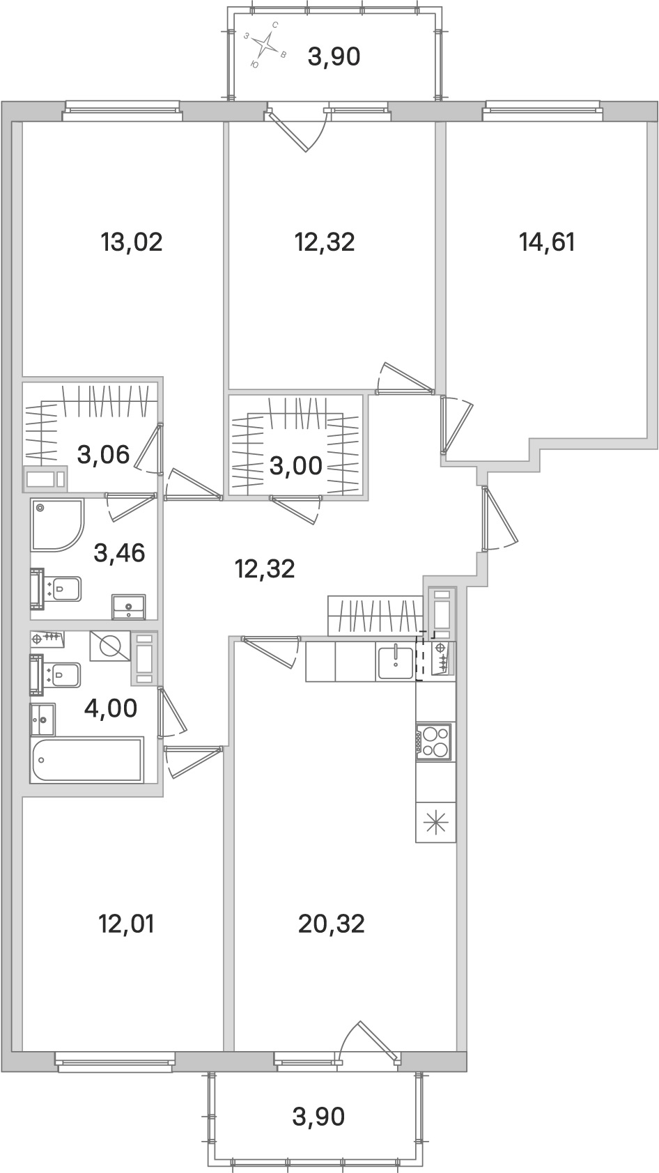 Планировка: 4-комнатная квартира, 98,1 м²
