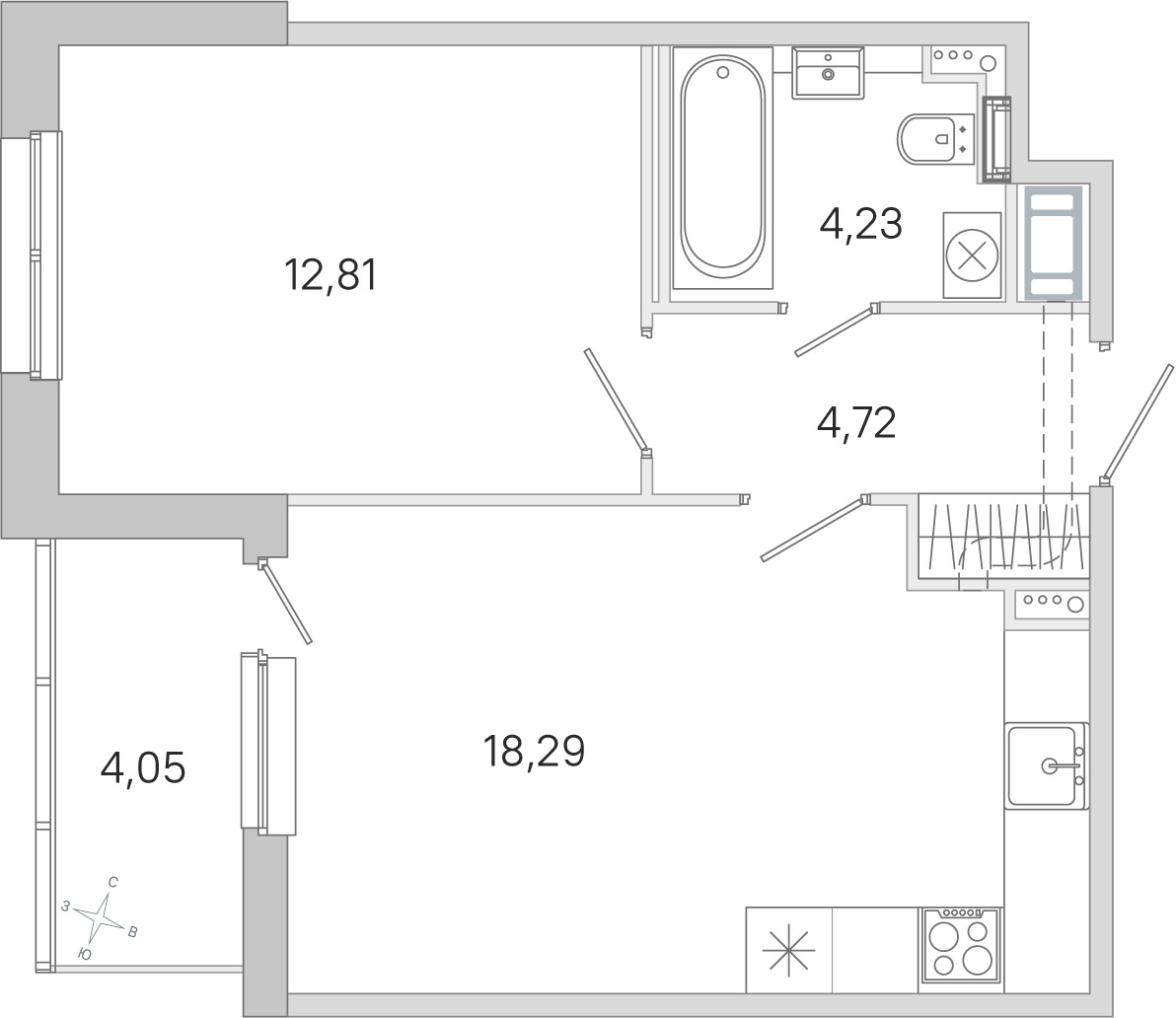 Планировка: 1-комнатная квартира, 40,1 м²
