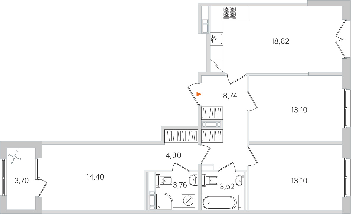 Планировка: 3-комнатная квартира, 79,4 м²