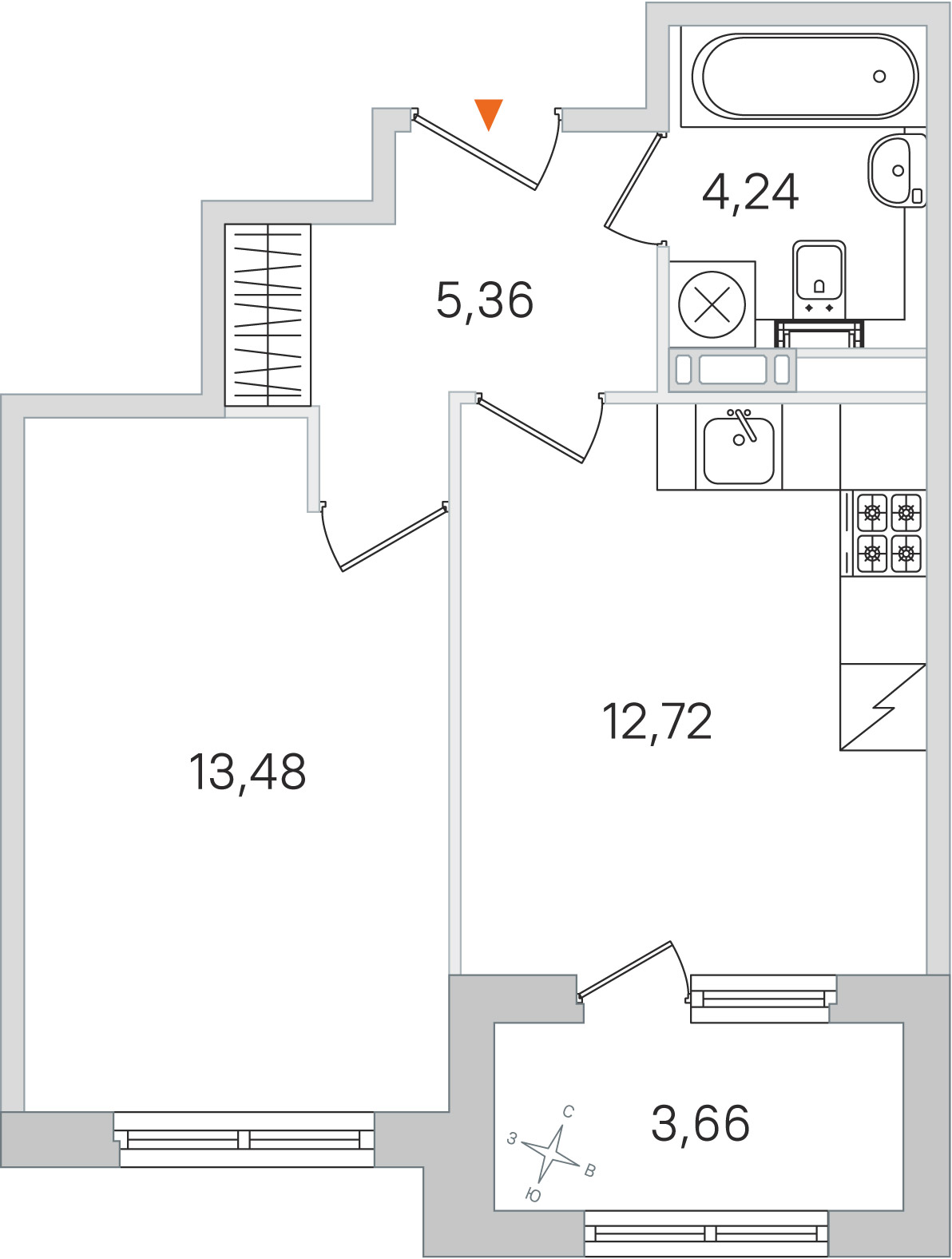 Планировка: 1-комнатная квартира, 35,8 м²
