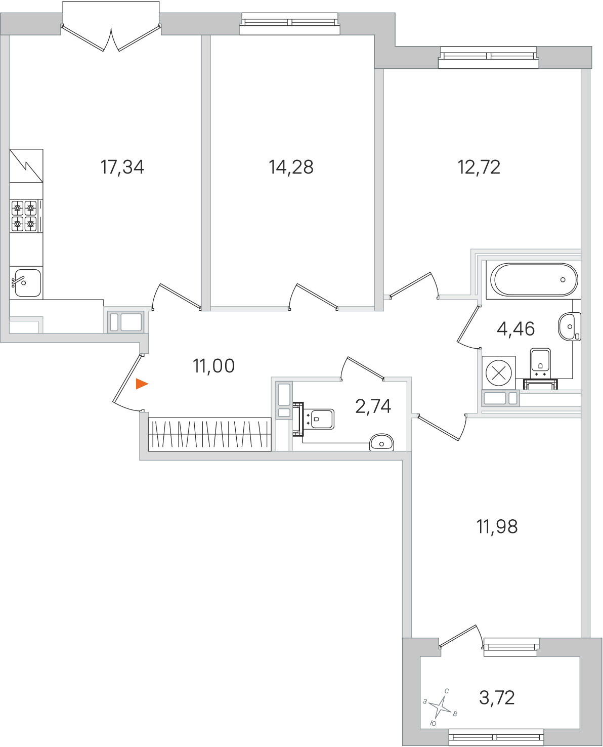 Планировка: 3-комнатная квартира, 74,5 м²