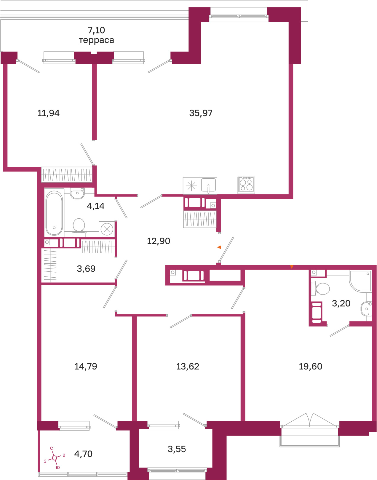 Планировка: 4-комнатная квартира, 119,9 м²