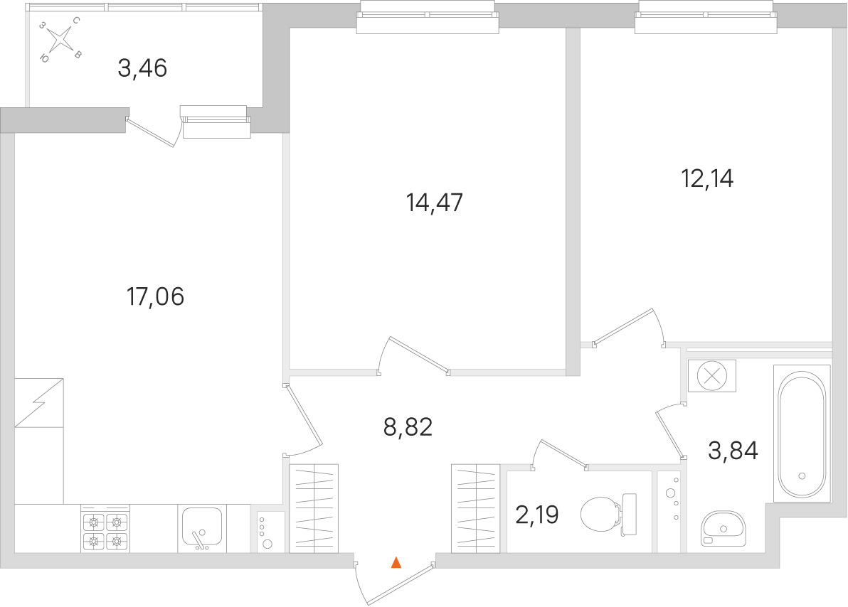 Планировка: 2-комнатная квартира, 58,5 м²