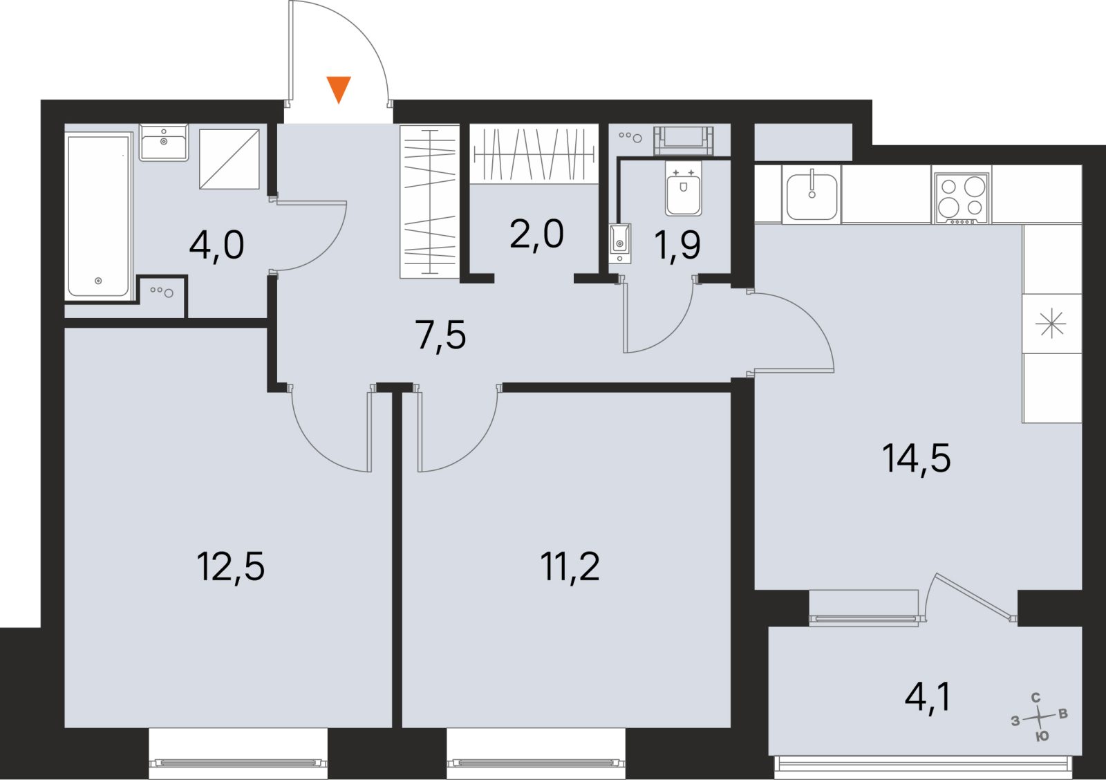 Планировка: 2-комнатная квартира, 53,6 м²