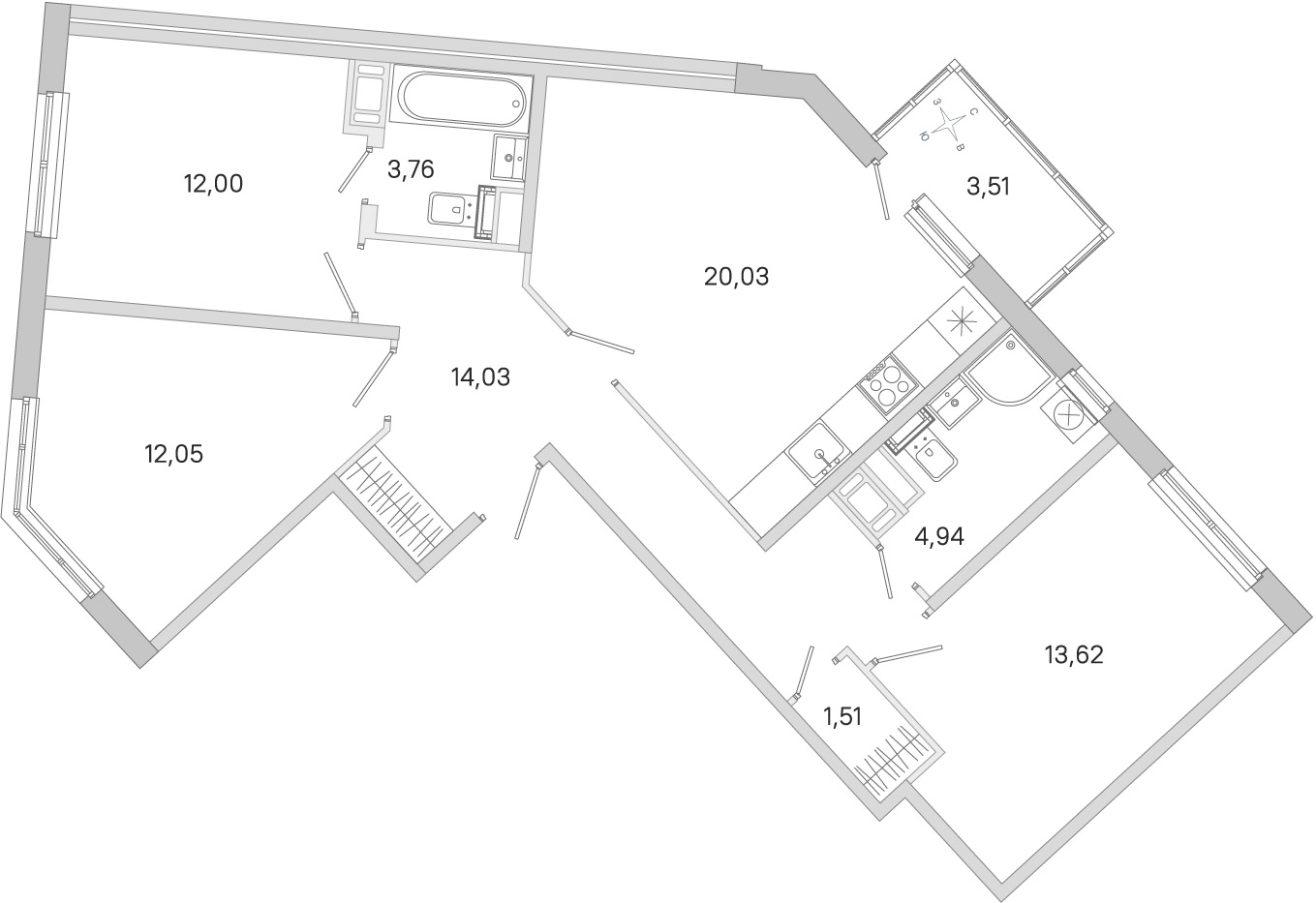 Планировка: 3-комнатная квартира, 81,9 м²