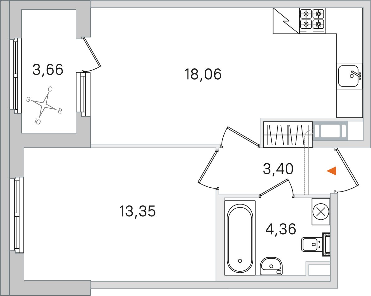Планировка: 1-комнатная квартира, 39,2 м²
