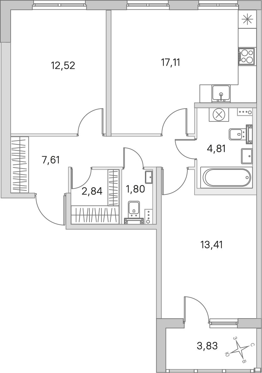 Планировка: 2-комнатная квартира, 60,1 м²