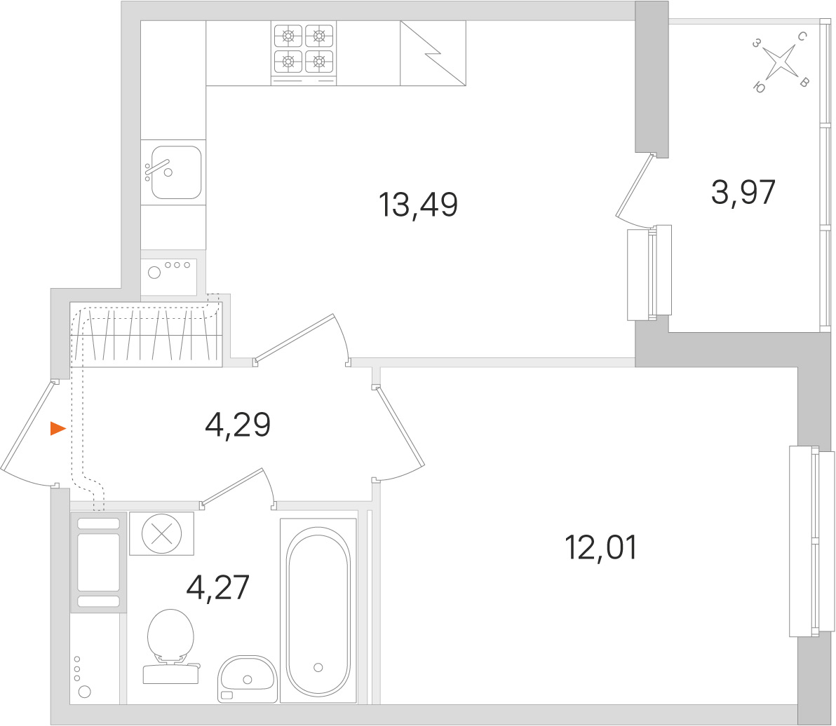 Планировка: 1-комнатная квартира, 34,1 м²