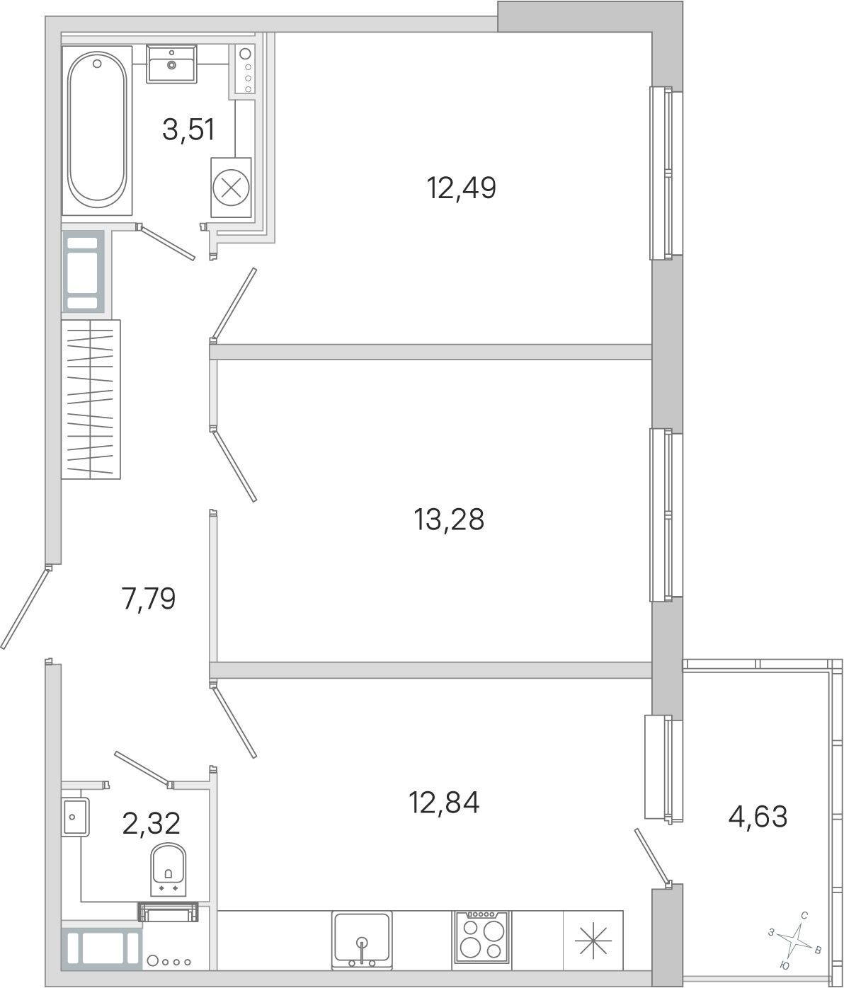 Планировка: 2-комнатная квартира, 52,2 м²