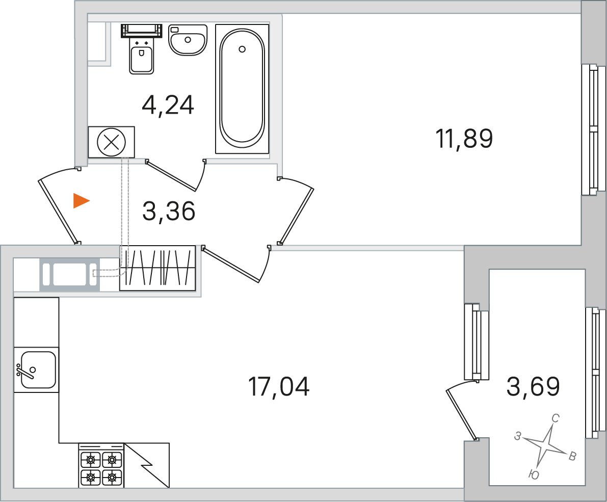 Планировка: 1-комнатная квартира, 36,5 м²