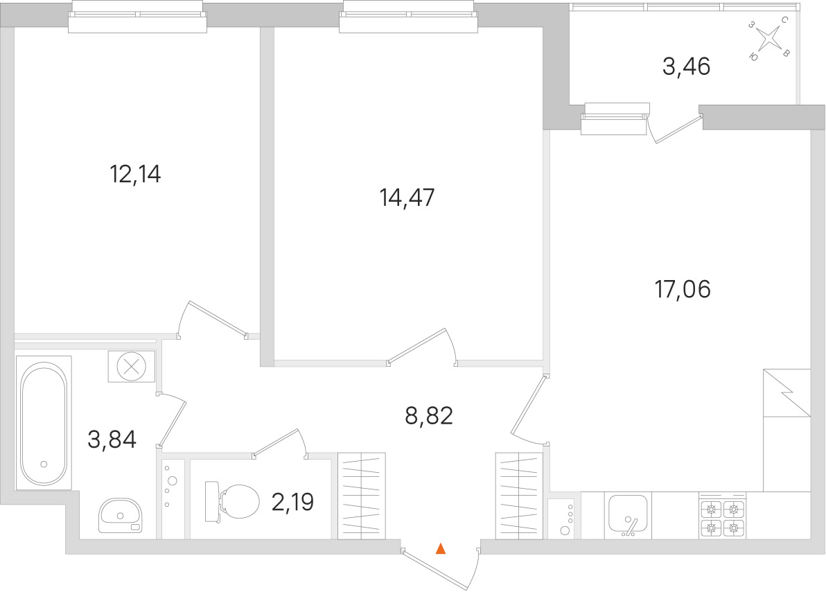 Планировка: 2-комнатная квартира, 58,5 м²