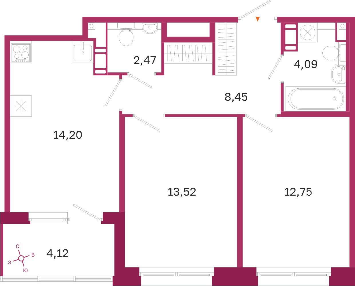 Планировка: 2-комнатная квартира, 55,5 м²