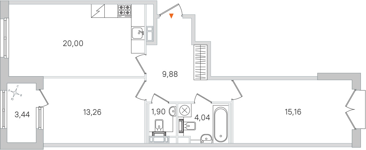Планировка: 2-комнатная квартира, 64,2 м²