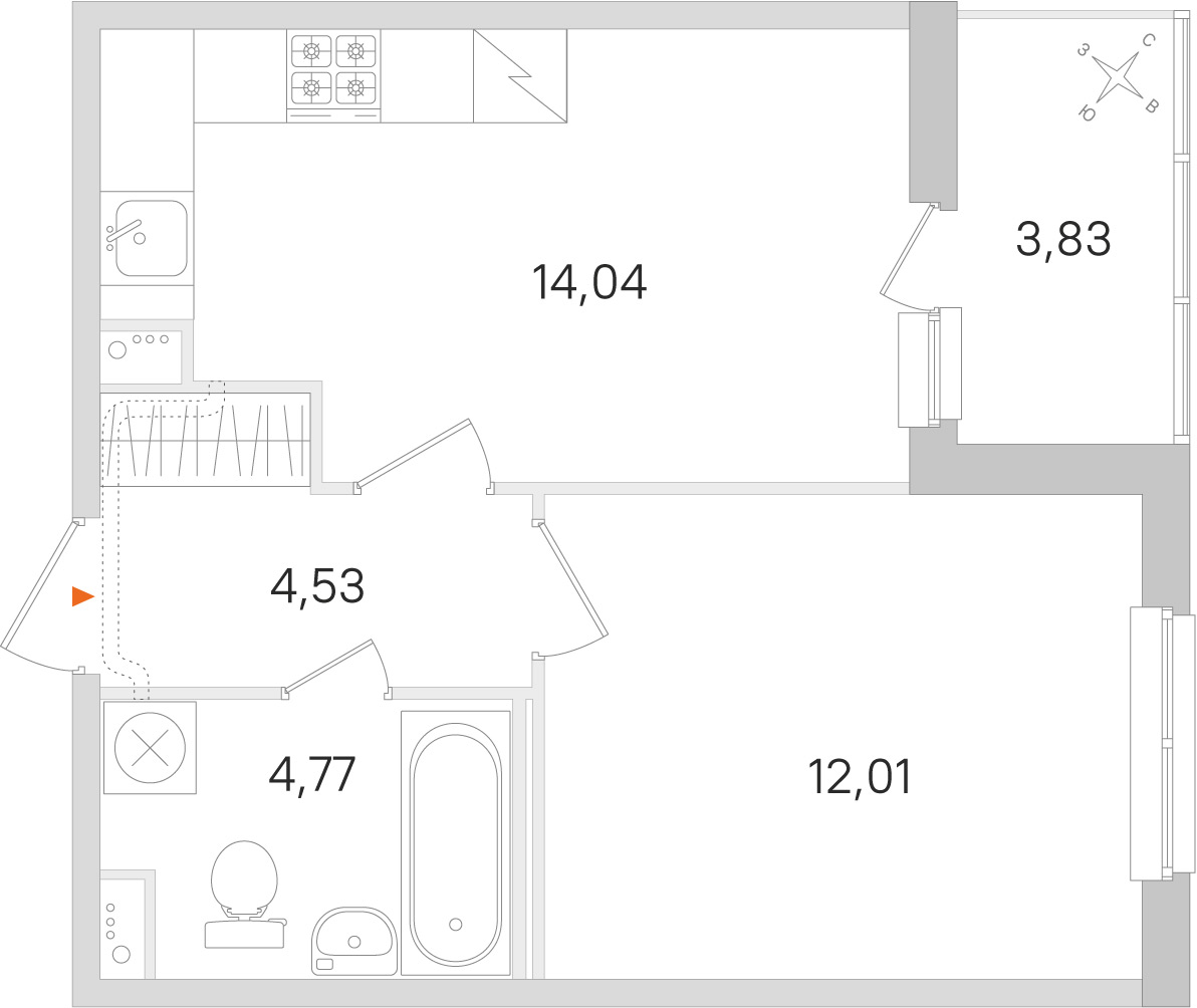 Планировка: 1-комнатная квартира, 35,4 м²