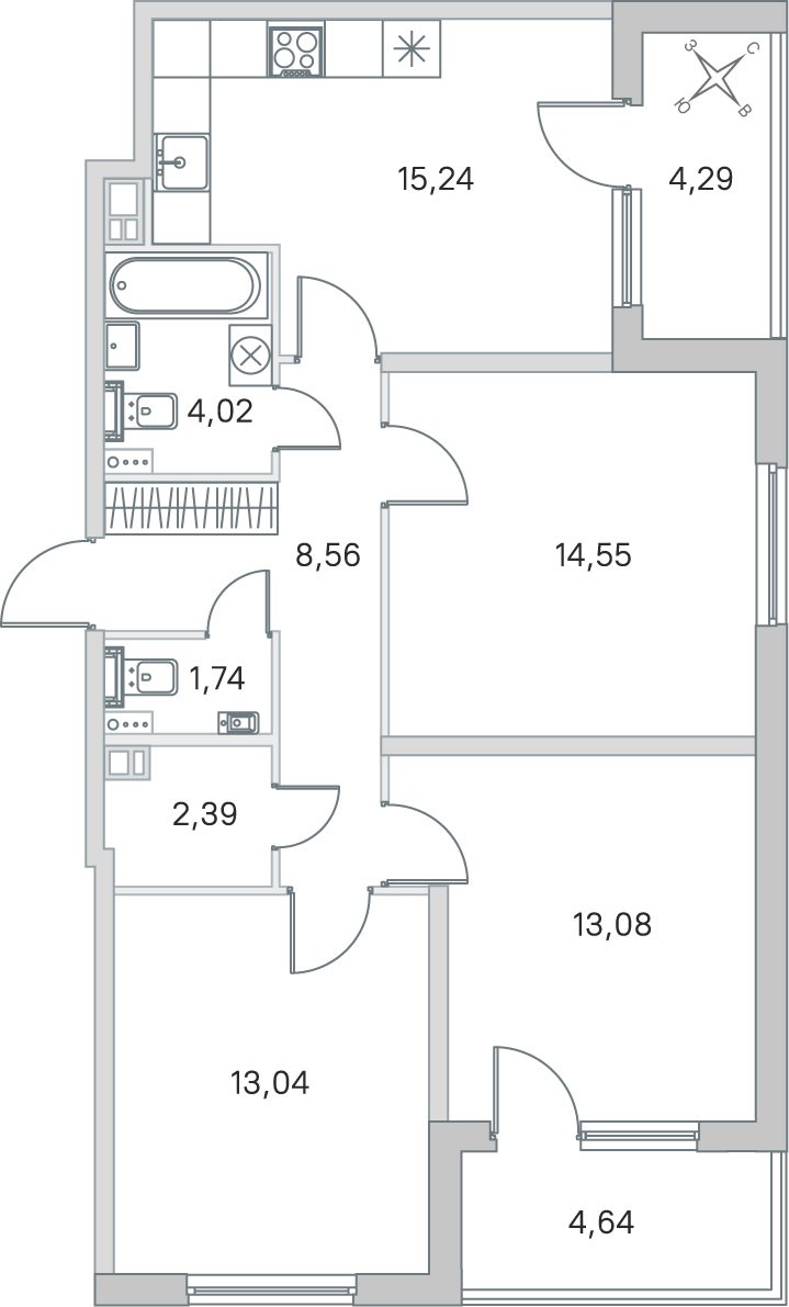 Планировка: 3-комнатная квартира, 72,6 м²