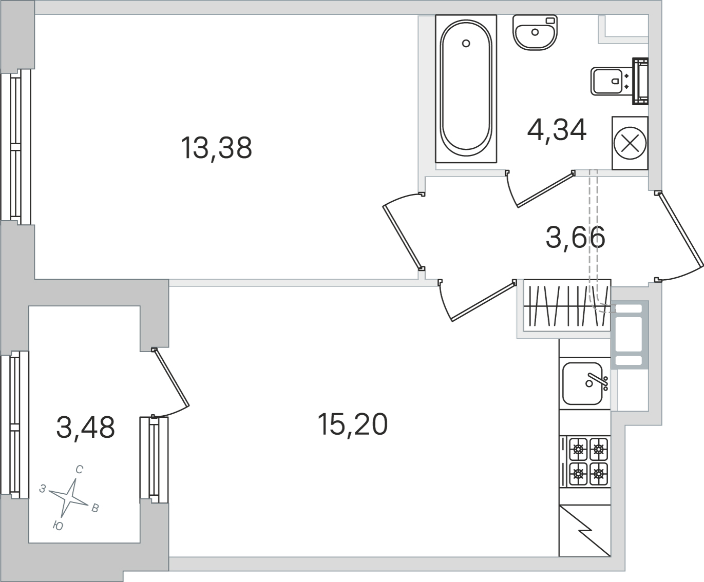 Планировка: 1-комнатная квартира, 36,6 м²