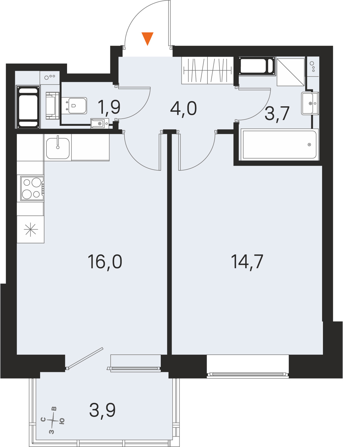 Планировка: 1-комнатная квартира, 40,3 м²