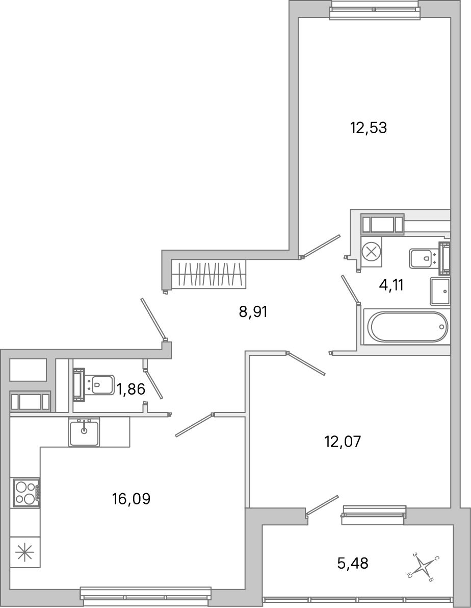 Планировка: 2-комнатная квартира, 55,6 м²