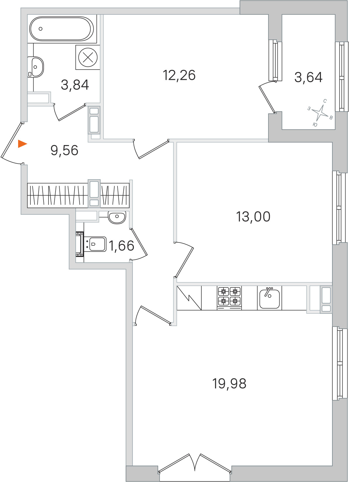 Планировка: 2-комнатная квартира, 60,3 м²