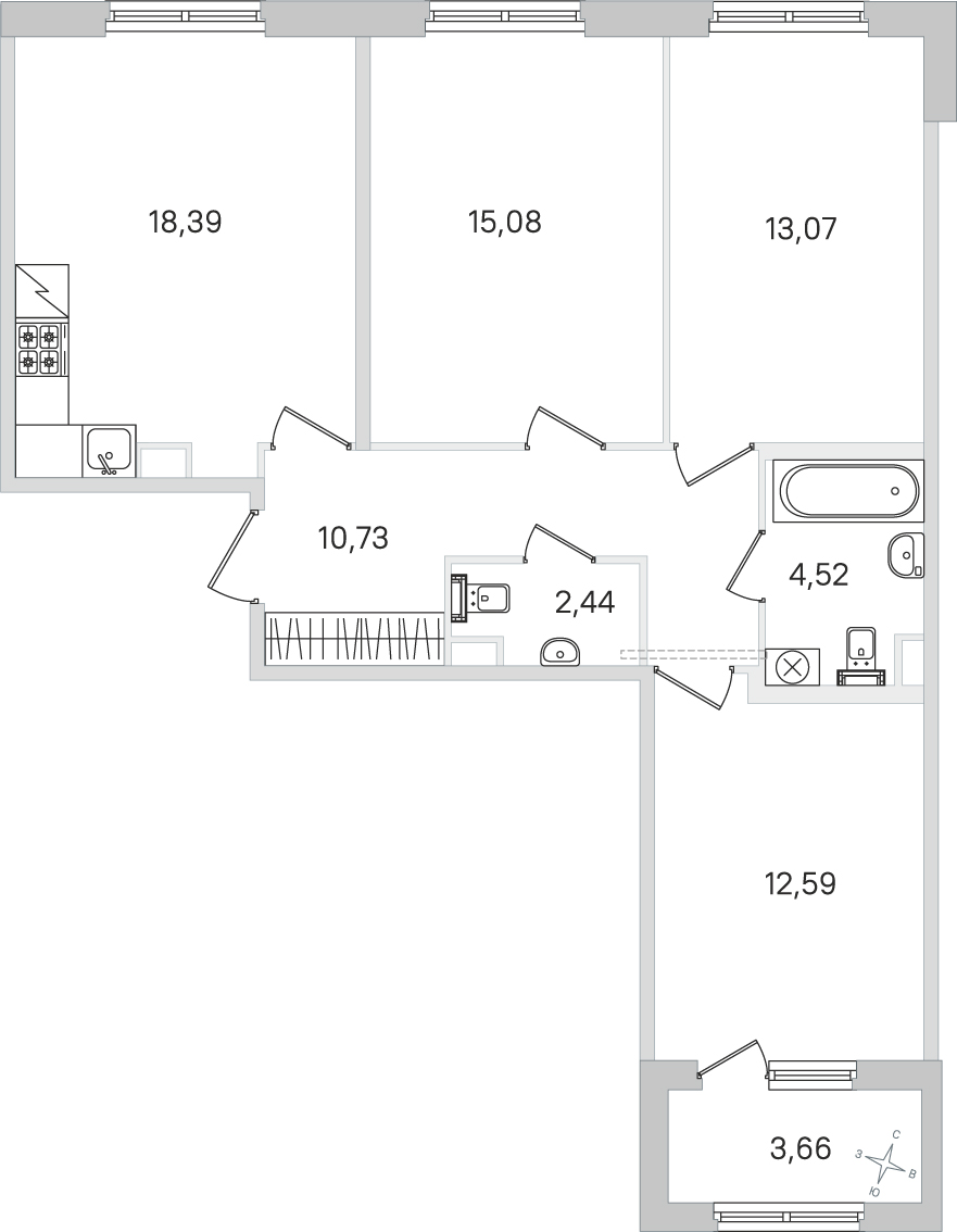 Планировка: 3-комнатная квартира, 76,8 м²