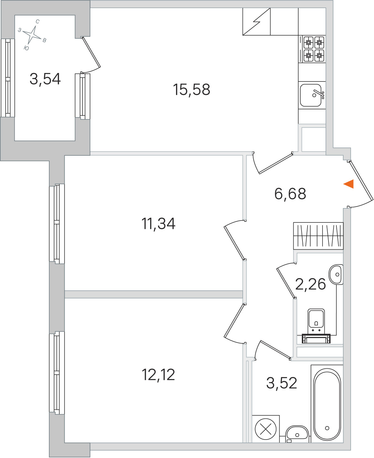 Планировка: 2-комнатная квартира, 51,5 м²